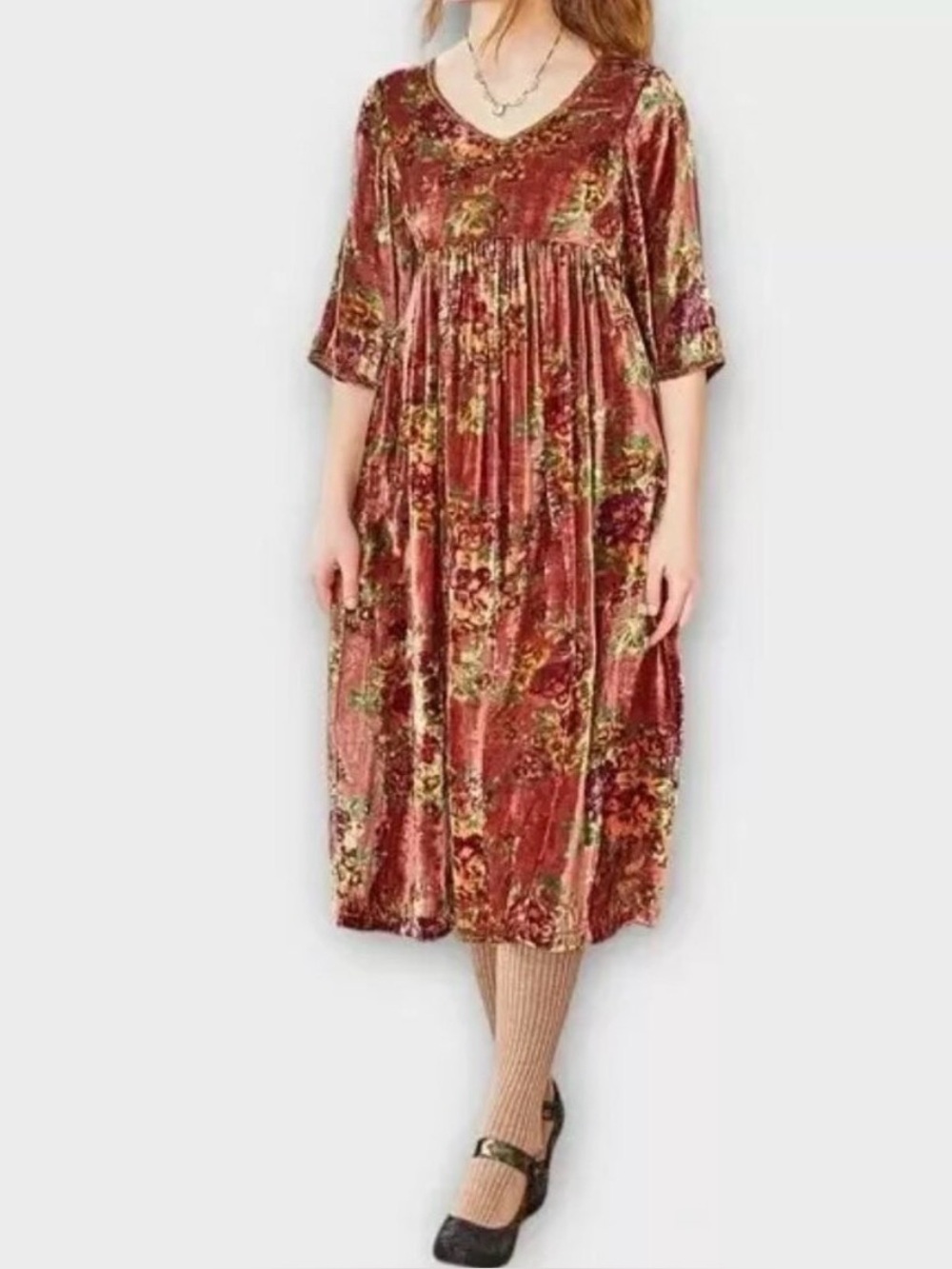 April Cornell Evermore Velvet Dress Beaded Floral Bronze Brown neutral flowers